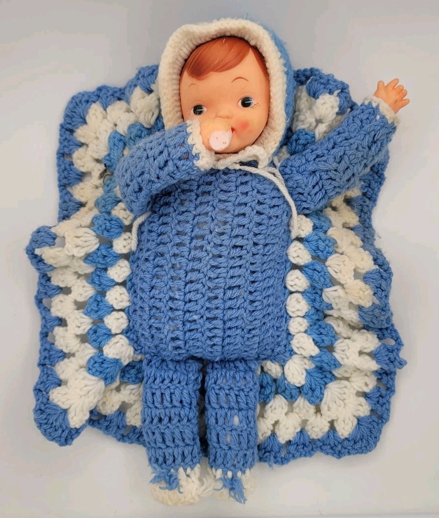 Vintage Hand Crafted Crochet Doll for the Top of your bed Handmade Baby Blue