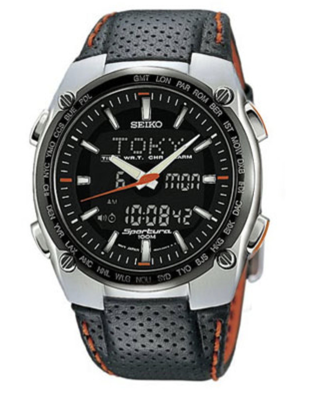 SEIKO SPORTURA SNJ007P1 Alarm World Time Quartz H023 Analog/Digital Watch NOS