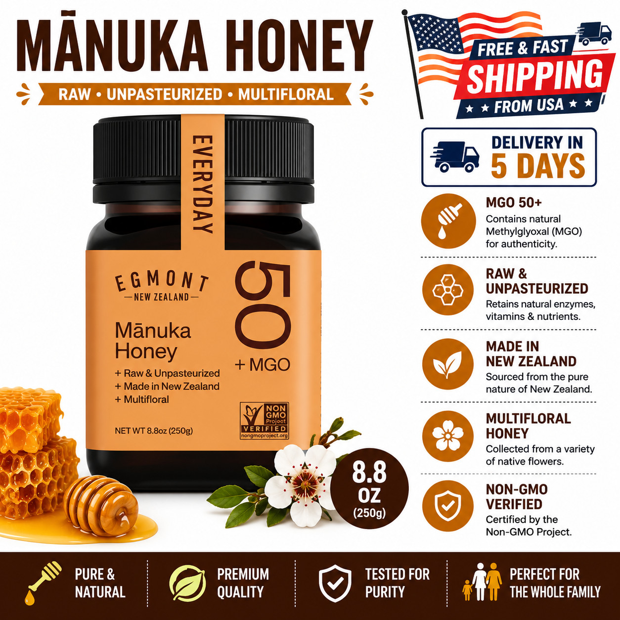 Egmont Raw Manuka Honey MGO 50+ - 100% Pure New Zealand Manuka Honey - Non-GMO -