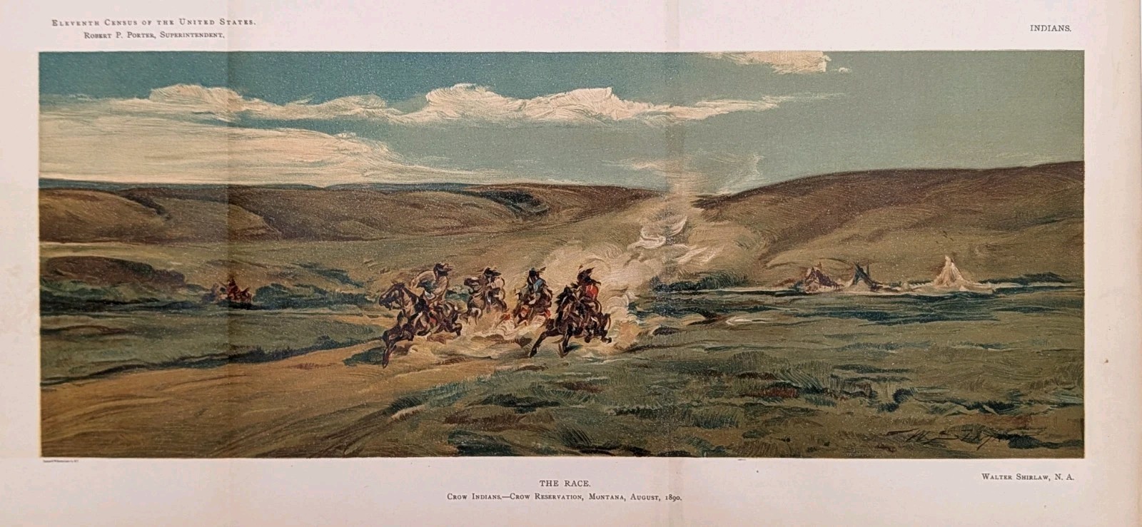 1890 MONTANA - CROW RESERVATION Horse Race LARGE PANORAMIC LITHOGRAPH - Original