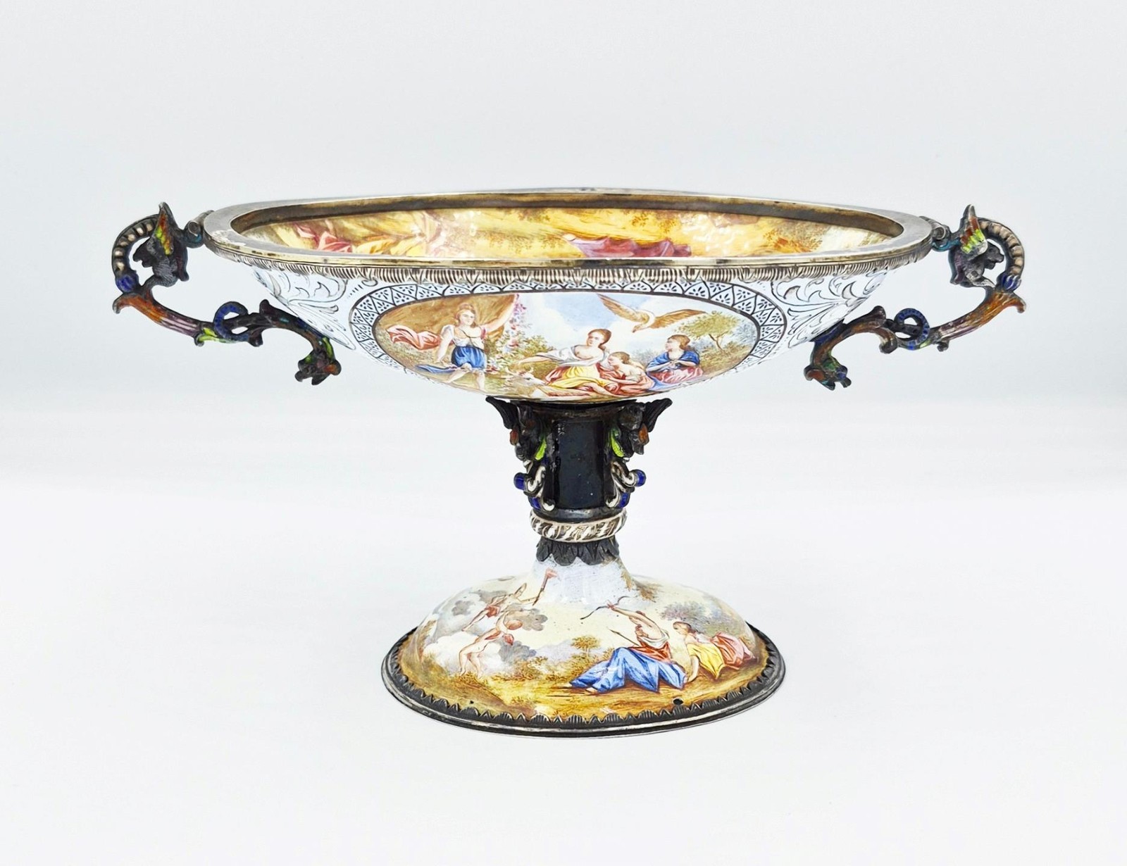 FINE AUSTRIAN HERMANN BÖHM RENAISSANCE REVIVAL SILVER & ENAMEL FOOTED DISH c1870