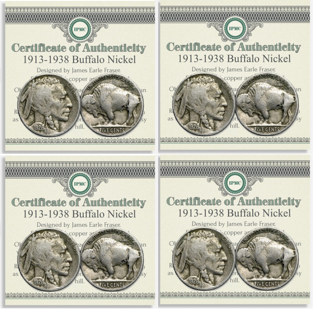 FOUR x 1913-1938 Buffalo Nickel W/ COA Collector Coins FULL DATES USA Mint Coin