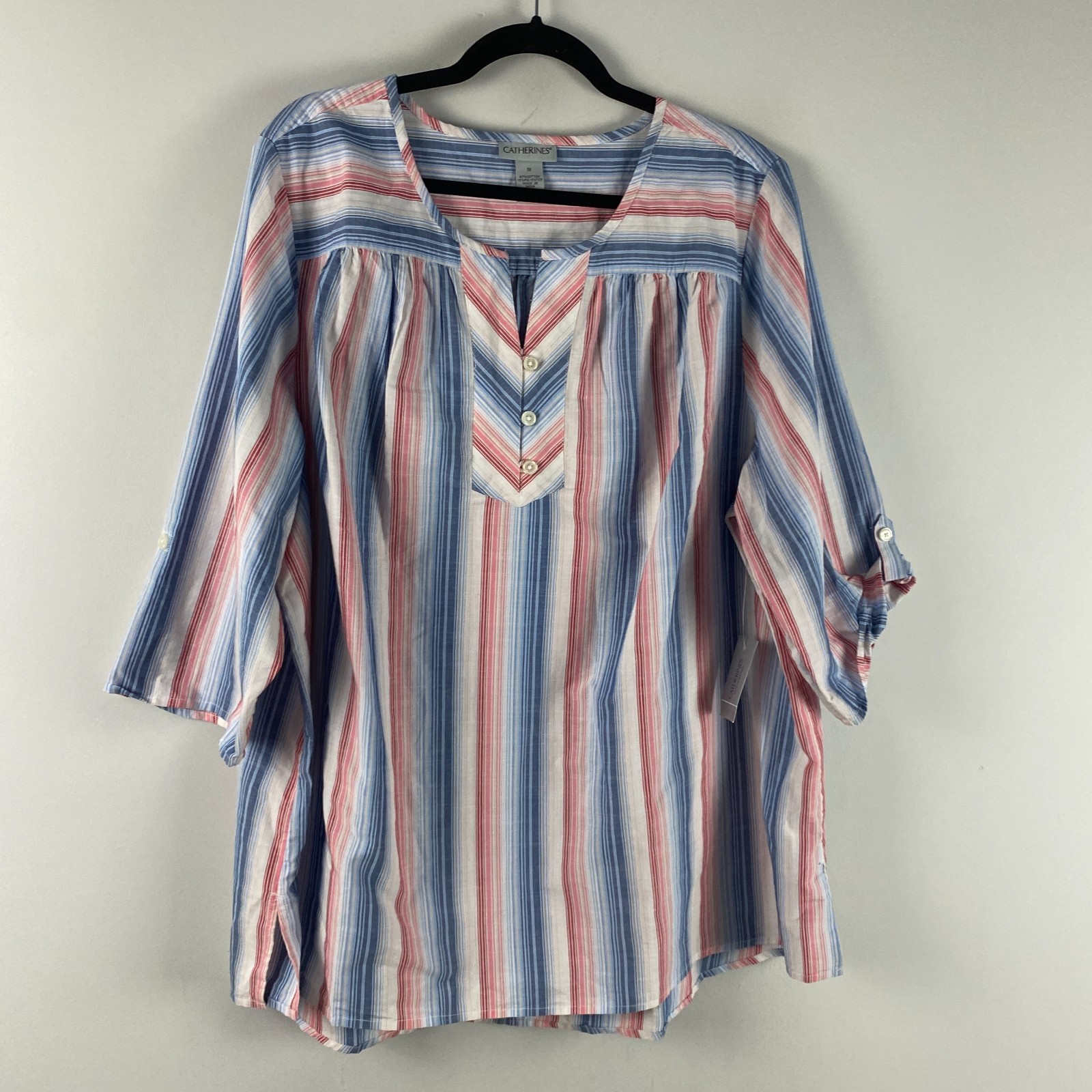 Catherines Popover Blouse Size 1X Blue Red White Stripe 3/4 Sleeves