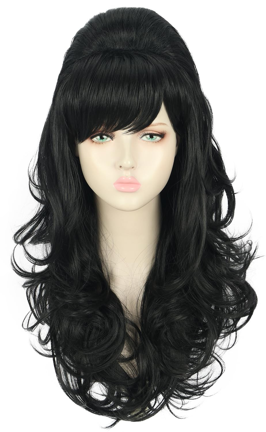 Yuehong Long Black Wavy Women Wig Big Bouffant Beehive 60S 70S