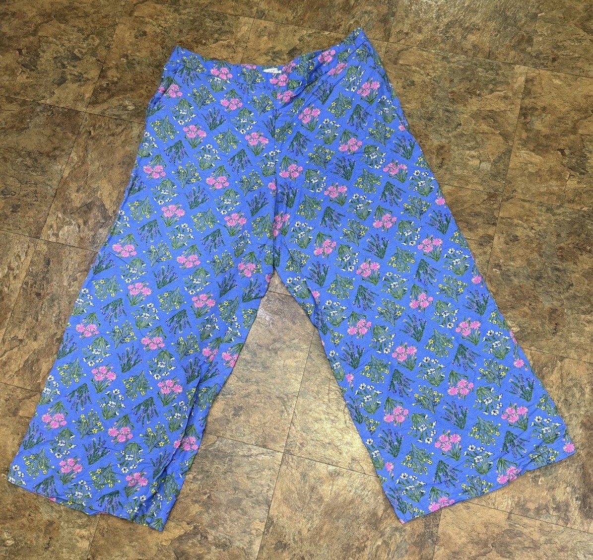LOFT Fluid Wide Leg Pants XL Blue Floral Bouquet Linen Blend Pull On Cropped EUC