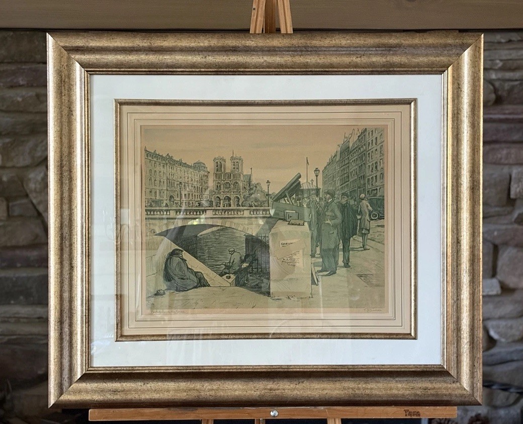 Antique T.F. Simon Original Plate Etching Aquatint Petit Pont Paris Booksellers