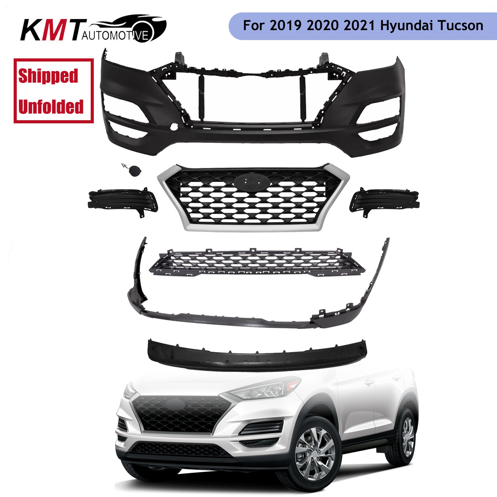 Fits 2019-2021 Hyundai Tucson Complete Front Bumper Cover Grille Skid Plate Set