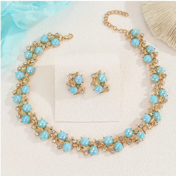 JEWELRY SET-Elegant Blue Flower Gold Tone Necklace Set with Rhinestone Accents JEWELRY SET-Elegant Blue Flower Gold Tone Necklace Set with Rhinestone Accents