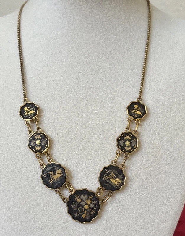 Vintage Amita Japanese Damascene Sterling Silver Etched Necklace
