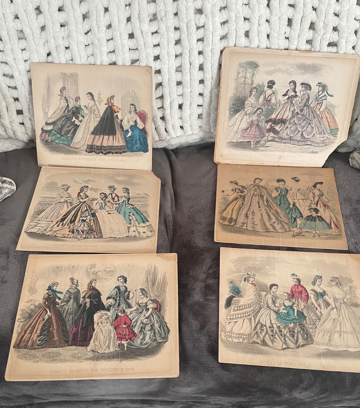 6 Antique Godey's Lady's Book Hand Colored Fashion Plate Antibellum/Civil War