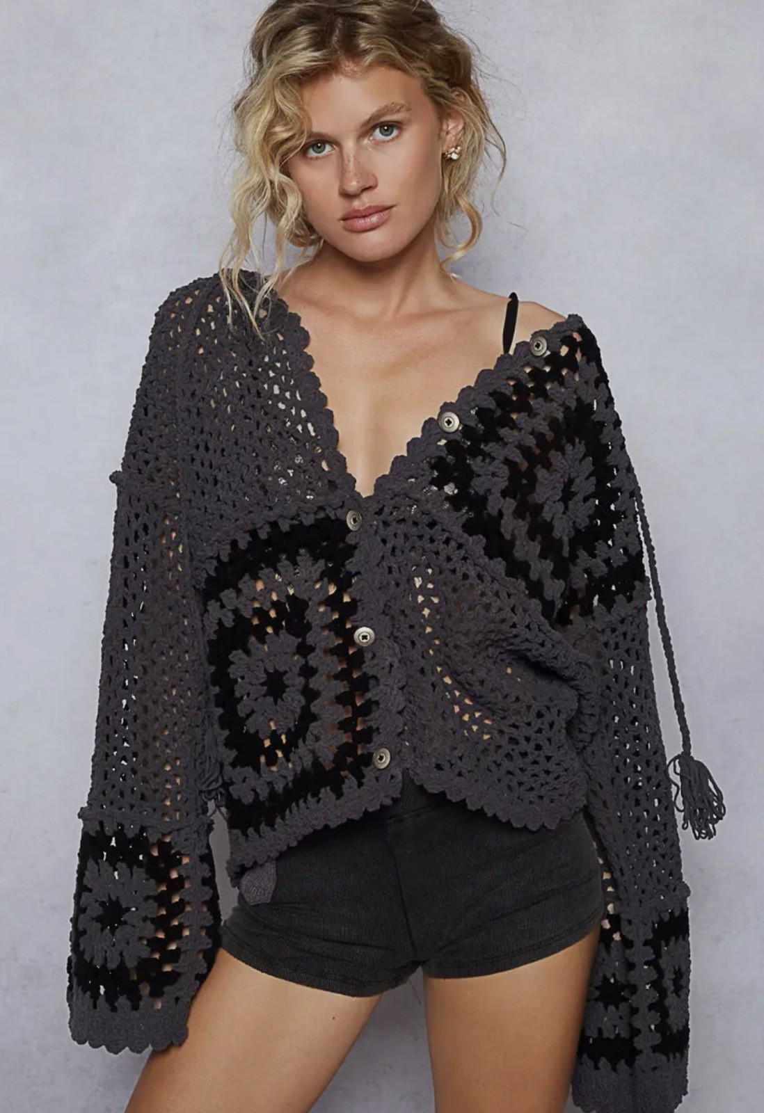 Anthropology POL Clothing Hooded Cardigan Hand Knit Squares Button Closure Large