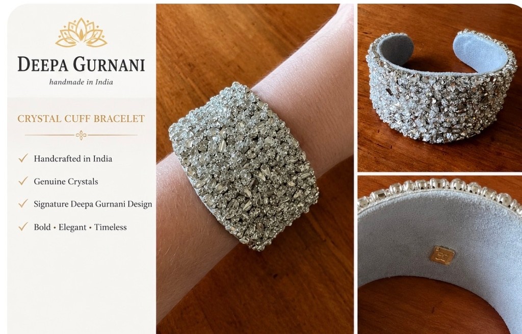 Deepa Gurnani Crystal Cuff Bracelet One Size Silver Grey Leather Backed