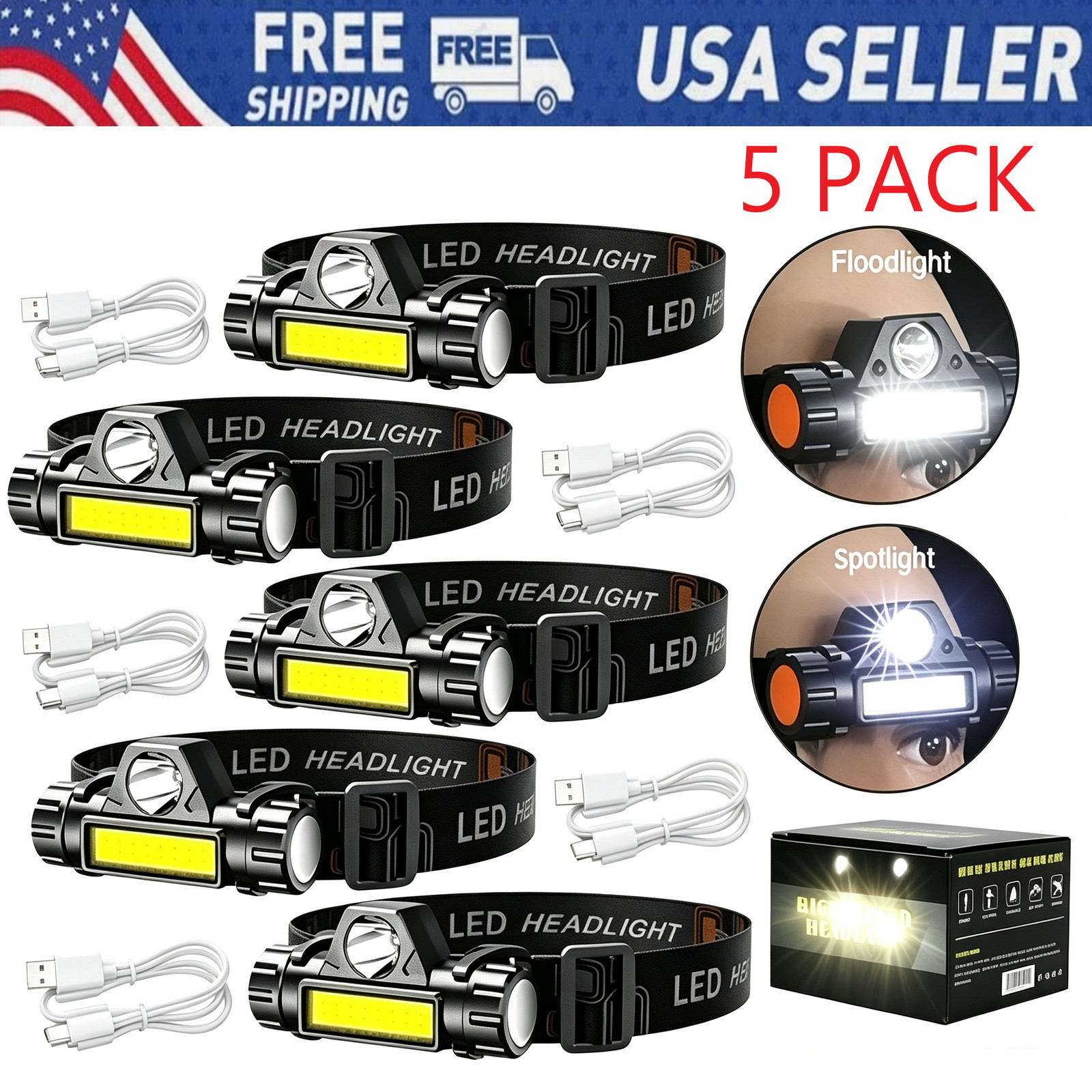 5 Pack LED Headlamp Headlight Flashlight USB Rechargeable Waterproof Head Light 5 Pack LED Headlamp Headlight Flashlight USB Rechargeable Waterproof Head Light
