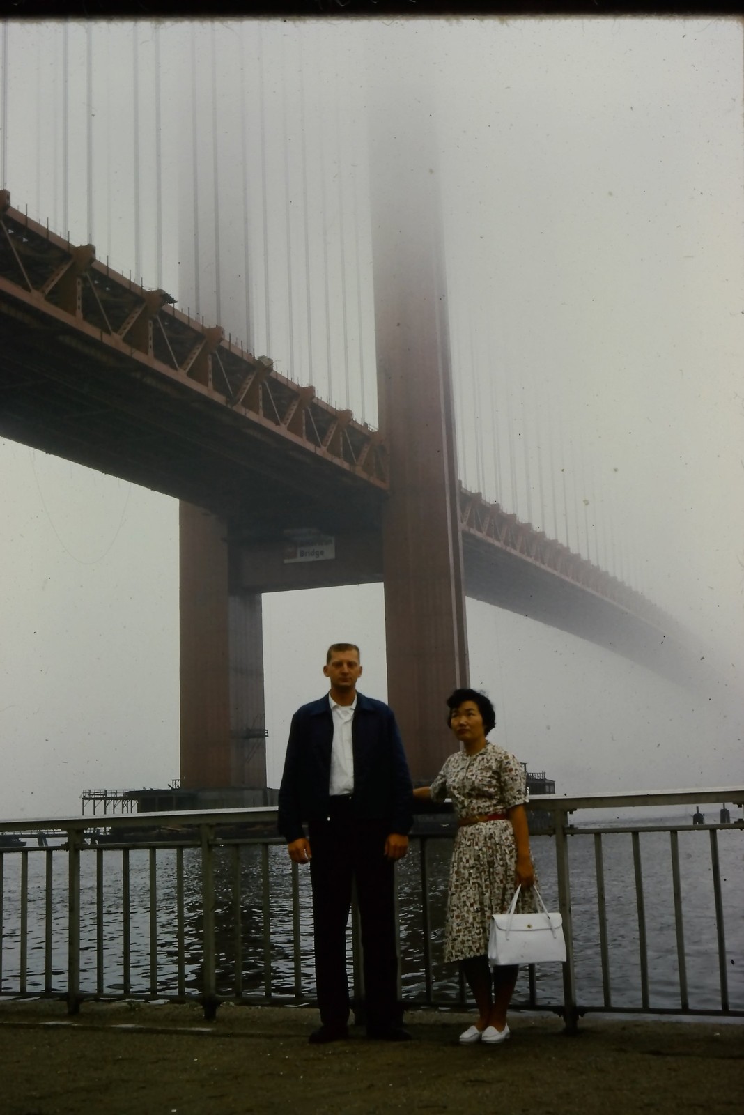 c1950's 35mm Slide Film Golden Gate Bridge San Francisco Couple Foggy Day Man