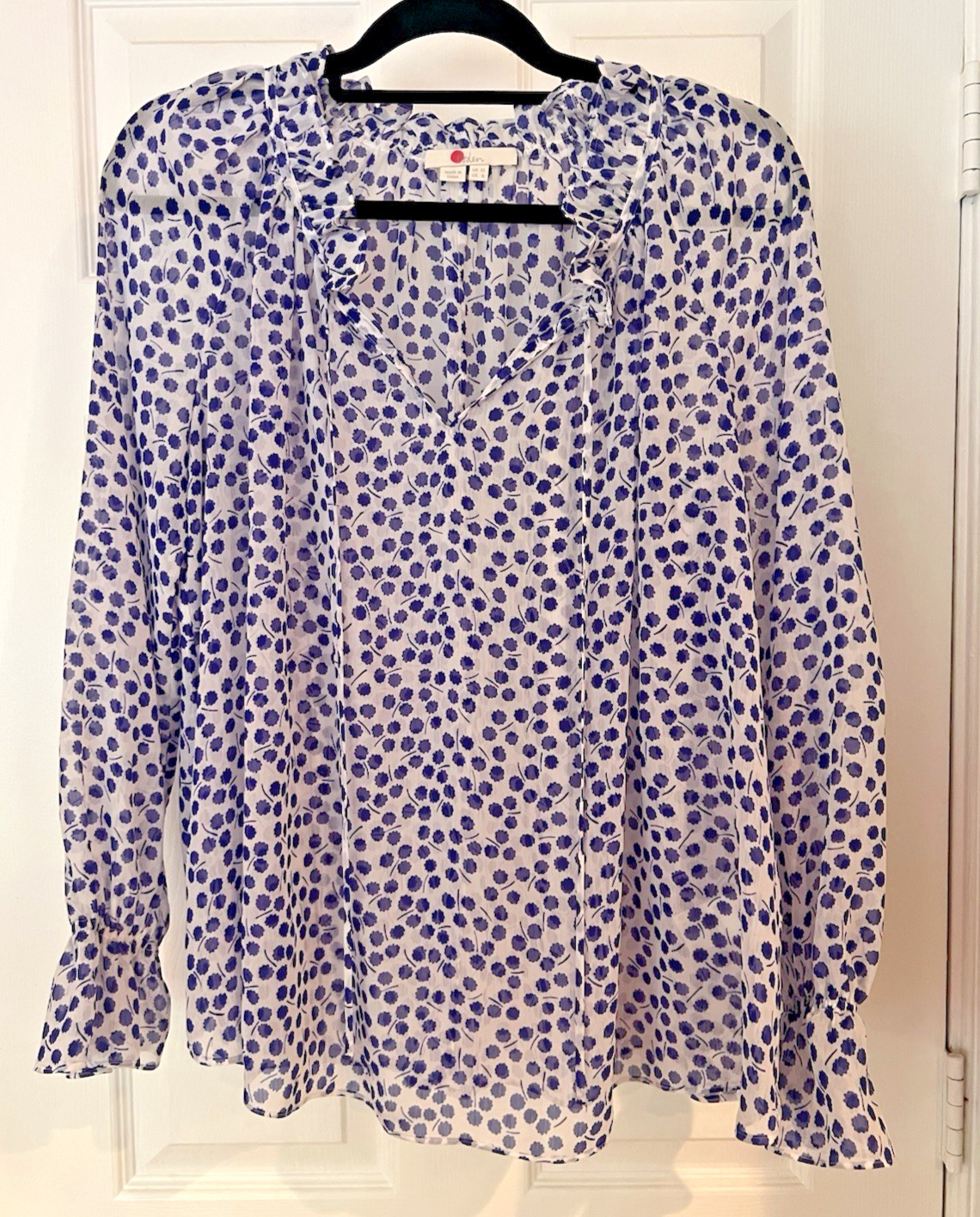 Boden Womens Blouse US 6 UK 10 Blue White Floral Sheer Ruffle Tie Neck Top