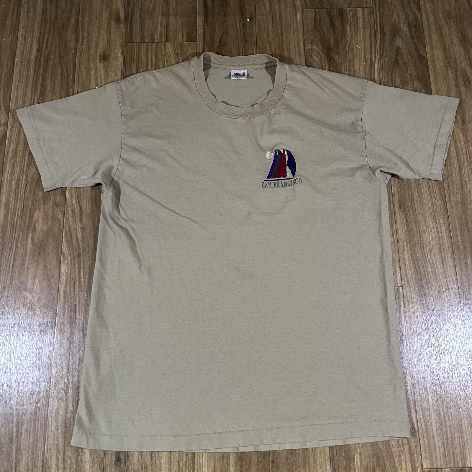 Vintage San Francisco Shirt Mens XL Beige Sailboat Tee Anvil Nautical USA Made