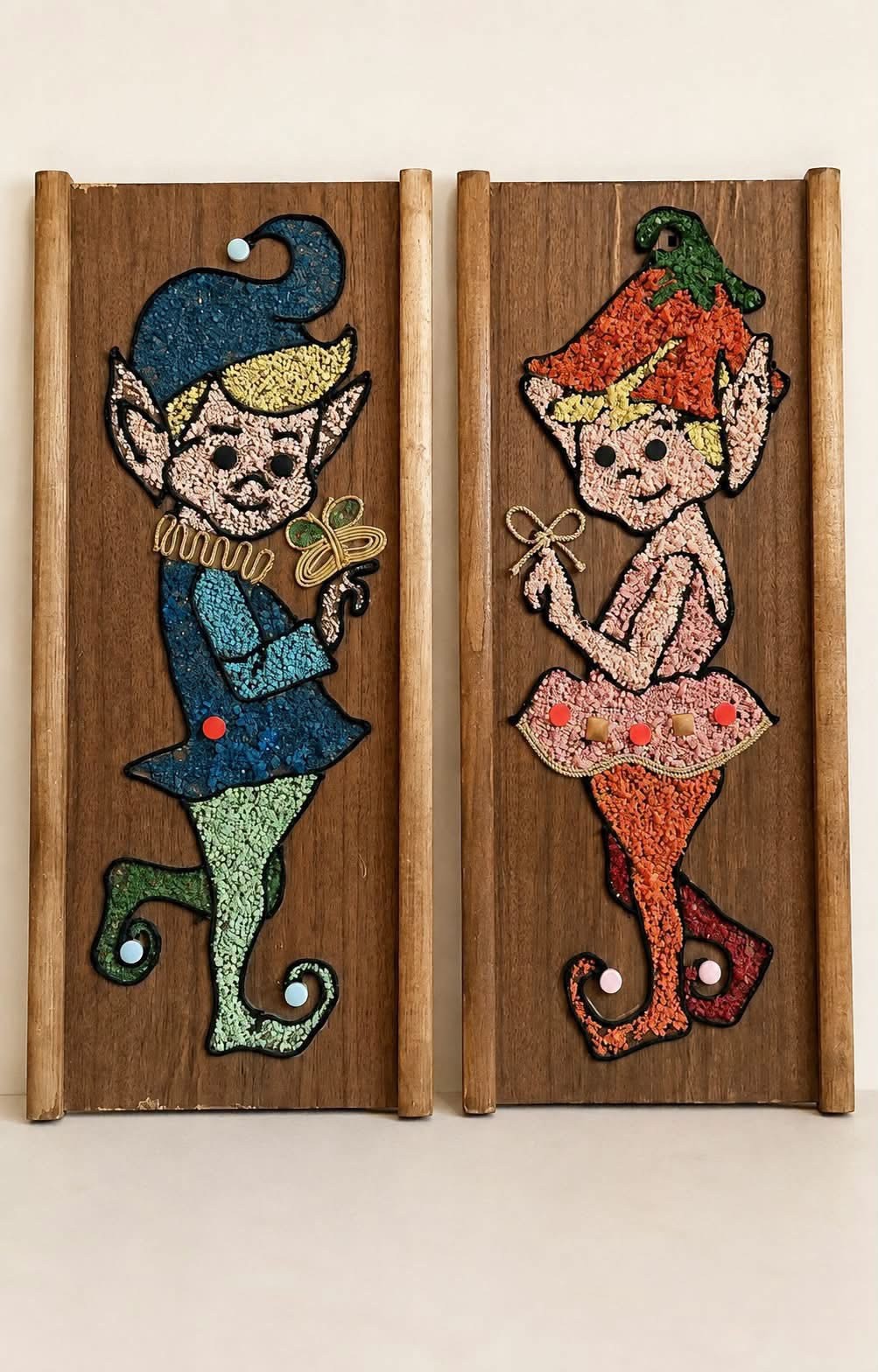 Vintage 1960s Pixie Elf Gravel Art Wall Plaques MCM Pair 17” Retro Kitschy Vintage 1960s Pixie Elf Gravel Art Wall Plaques MCM Pair 17” Retro Kitschy