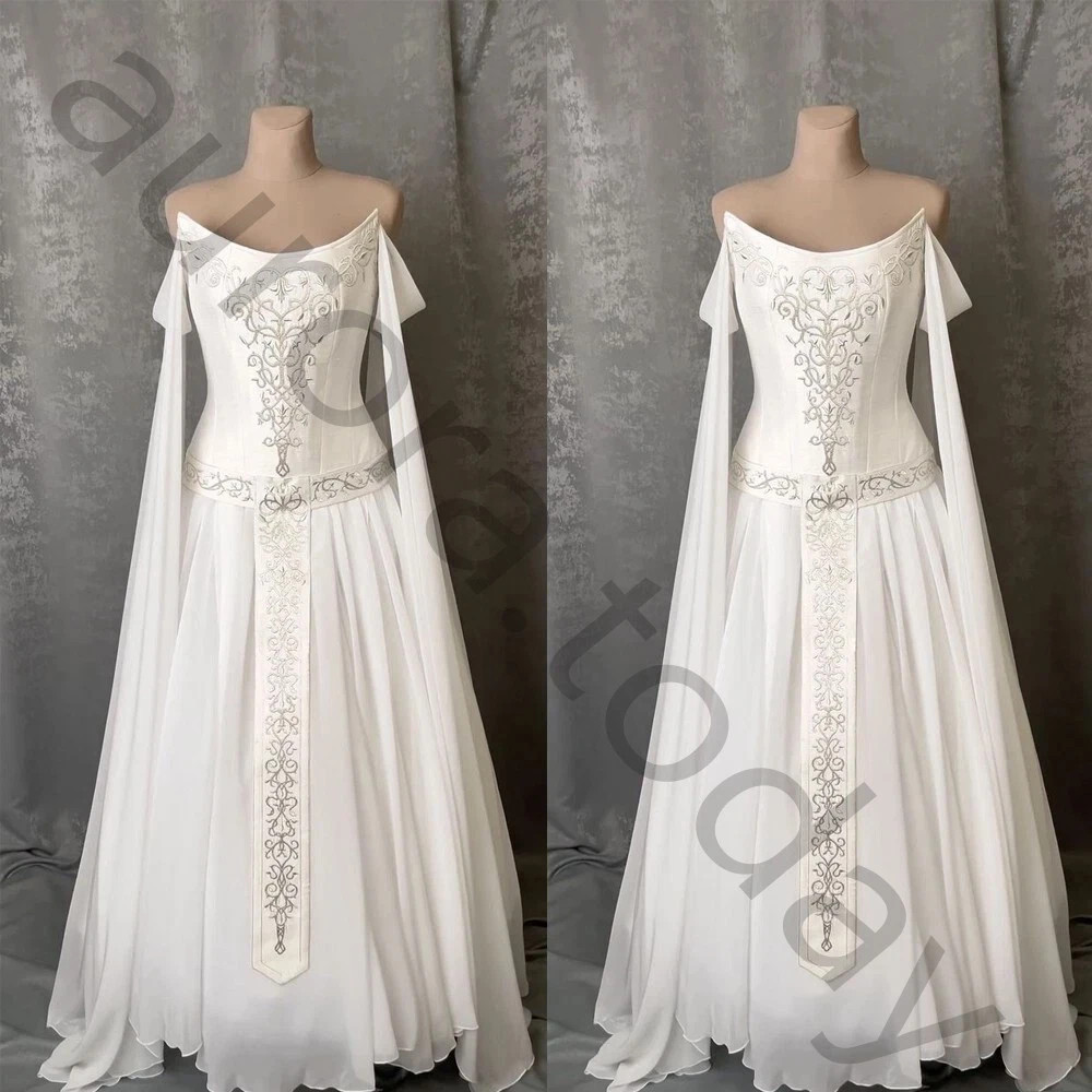 Vintage Celtic Chiffon Wedding Dresses with Cape Off the Shoulder Bridal Gowns