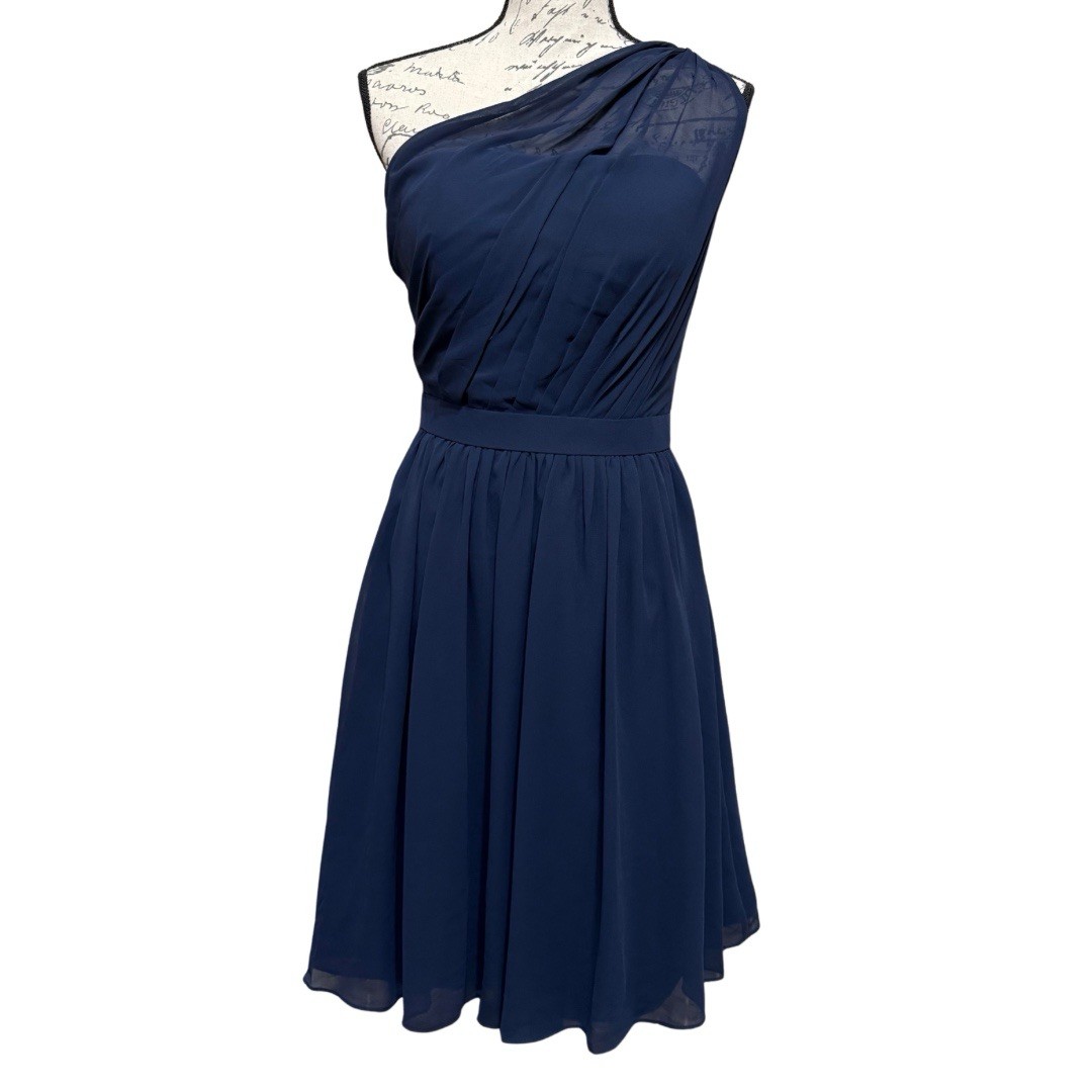 Bill Levkoff One Shoulder Chiffon Dress Size 6 Navy Semi Formal Cocktail NEW