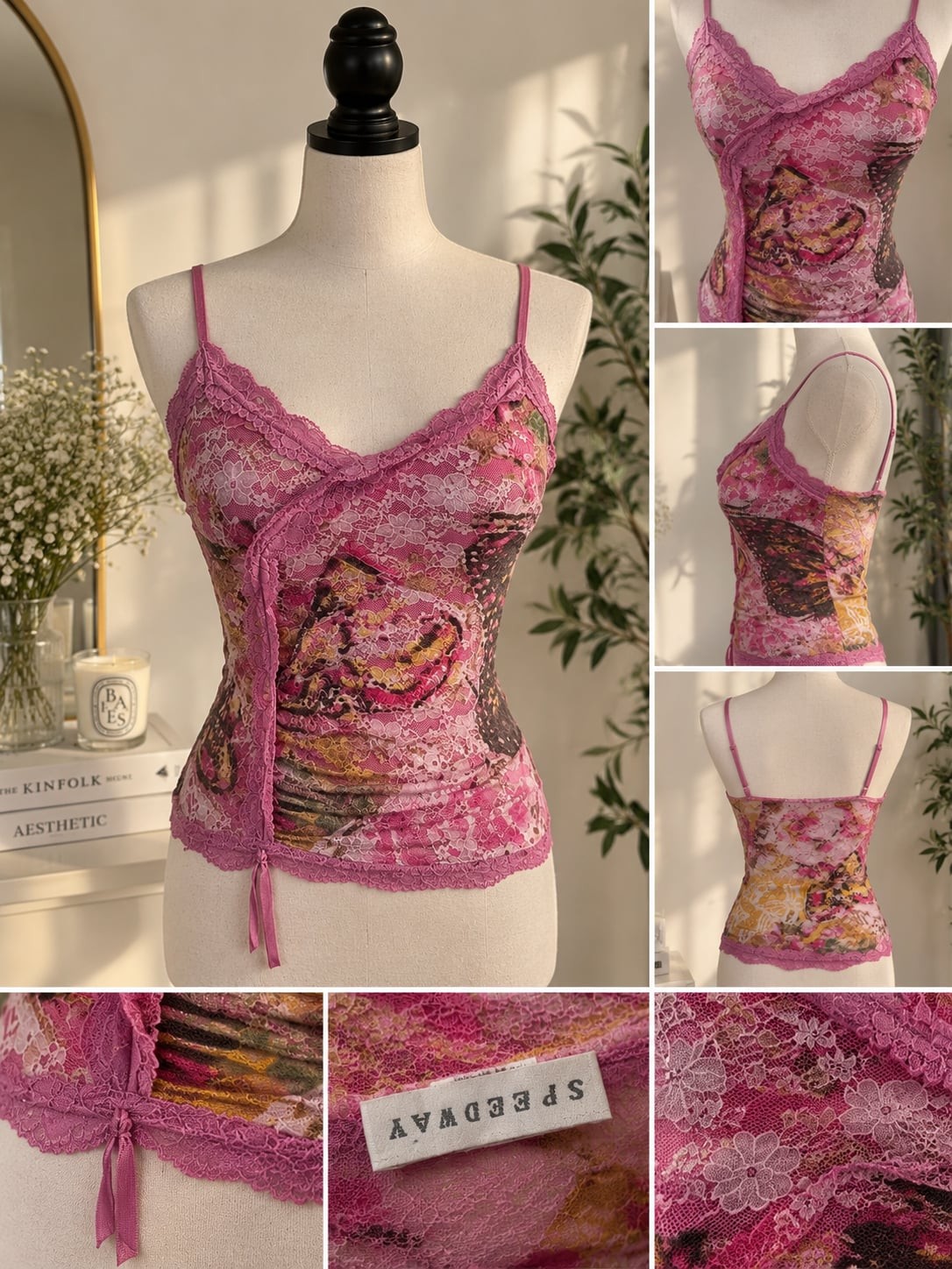 Speedway Pink Butterfly Lace Trim Cami Camisole Y2K Speedway Pink Butterfly Lace Trim Cami Camisole Y2K