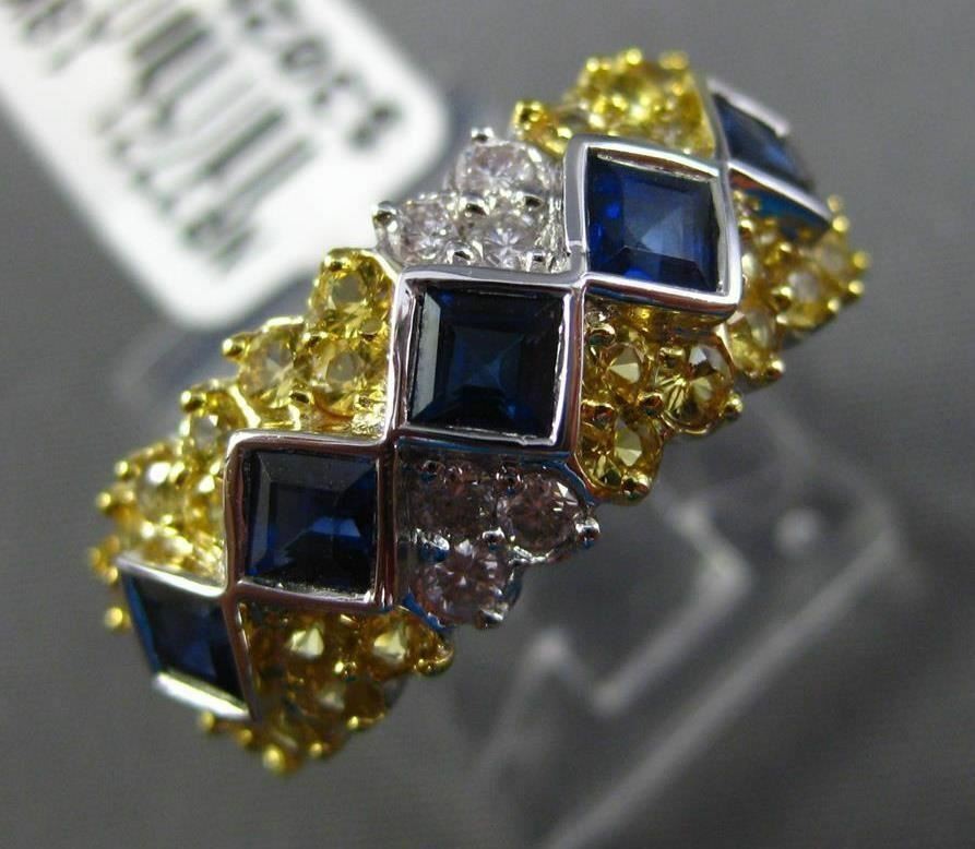 ESTATE 2.37CT DIAMOND & AAA YELLOW BLUE SAPPHIRE 18KT WHITE GOLD 3D 5 STONE RING
