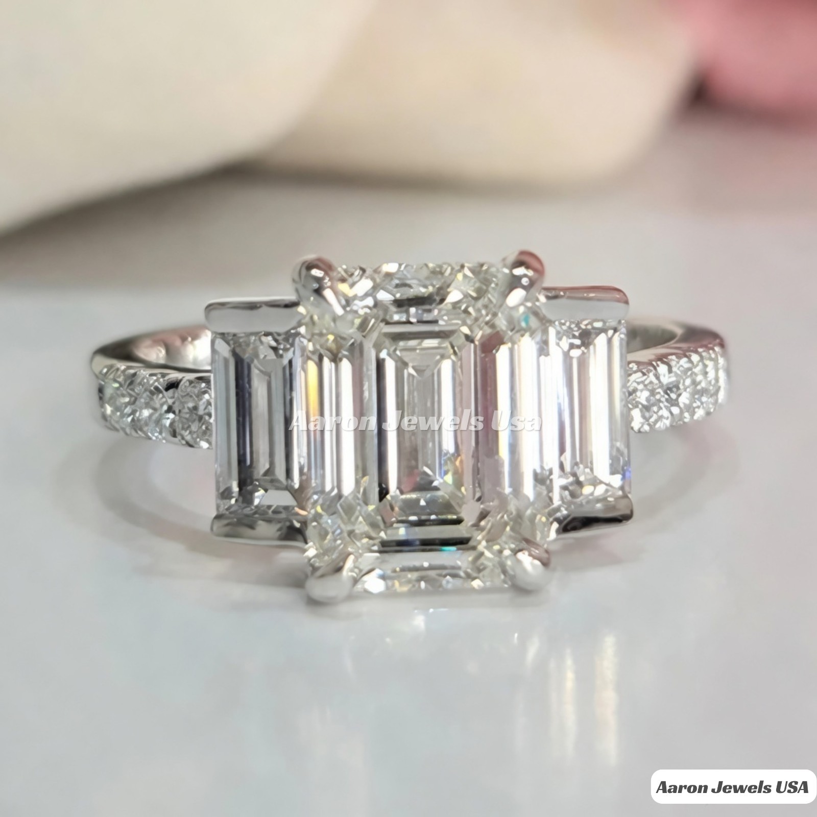 3.2Ct Emerald Three Stone Lab Grown Diamond Engagement Ring 14K Gold IGI F VS1