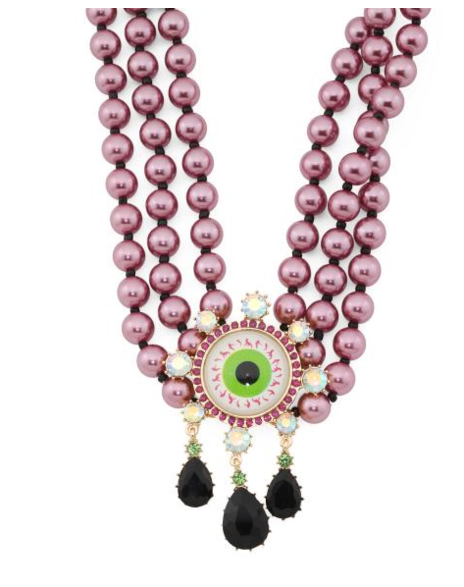 NWT BETSEY JOHNSON Purple Faux Pearl Bling Eyeball Torsade Necklace