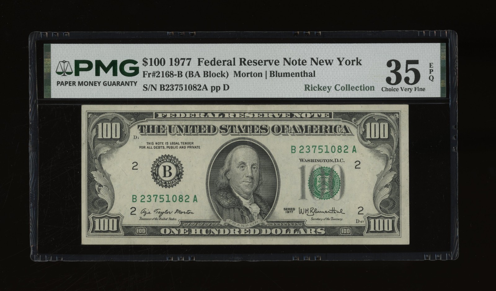 DBR 1977 $100 FRN New York Fr. 2168-B PMG 35 EPQ Serial B23751082A