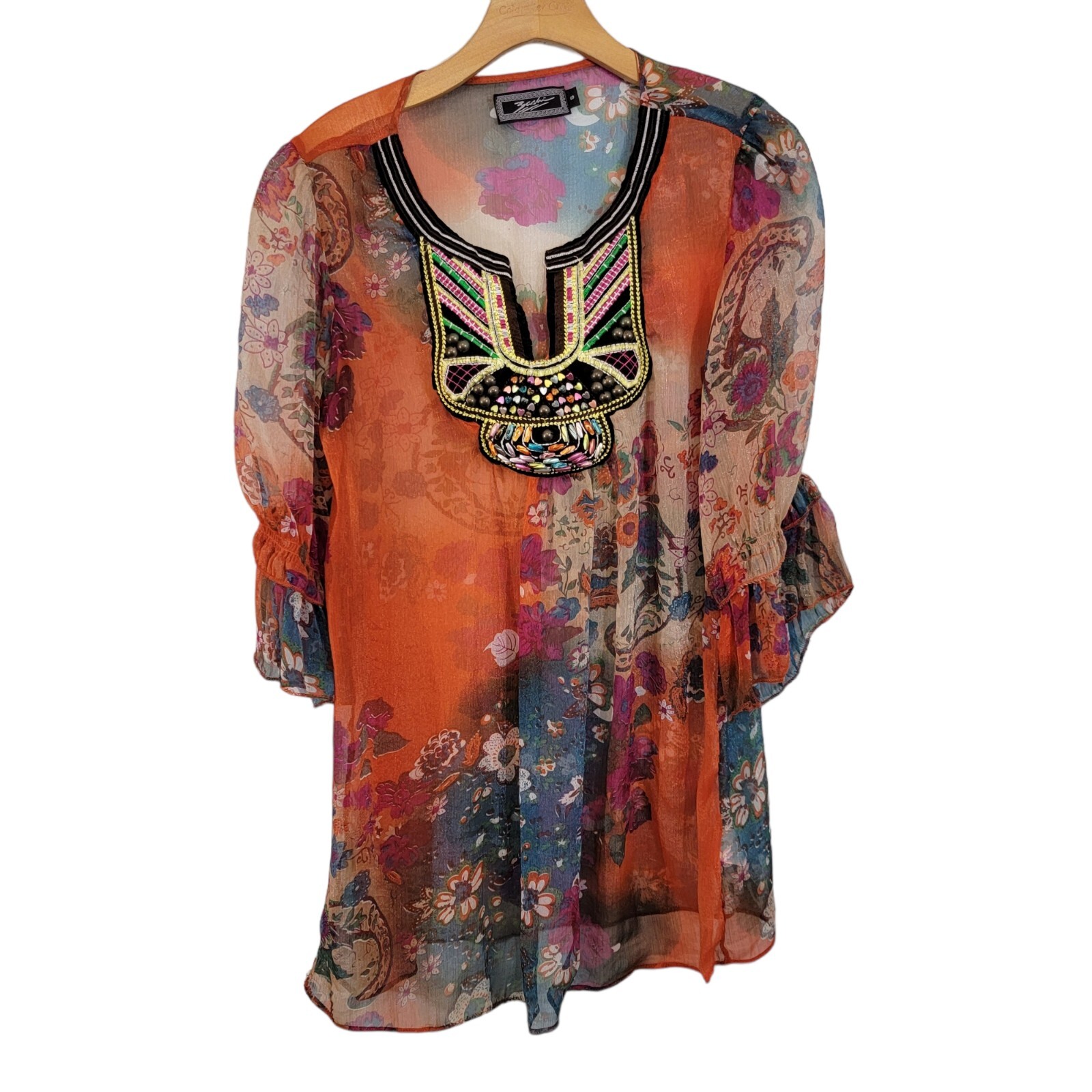 Zashi Tunic Top Boho Beaded Hearts Colorful Floral 3/4 Sleeve V-Neck Boho Small Zashi Tunic Top Boho Beaded Hearts Colorful Floral 3/4 Sleeve V-Neck Boho Small