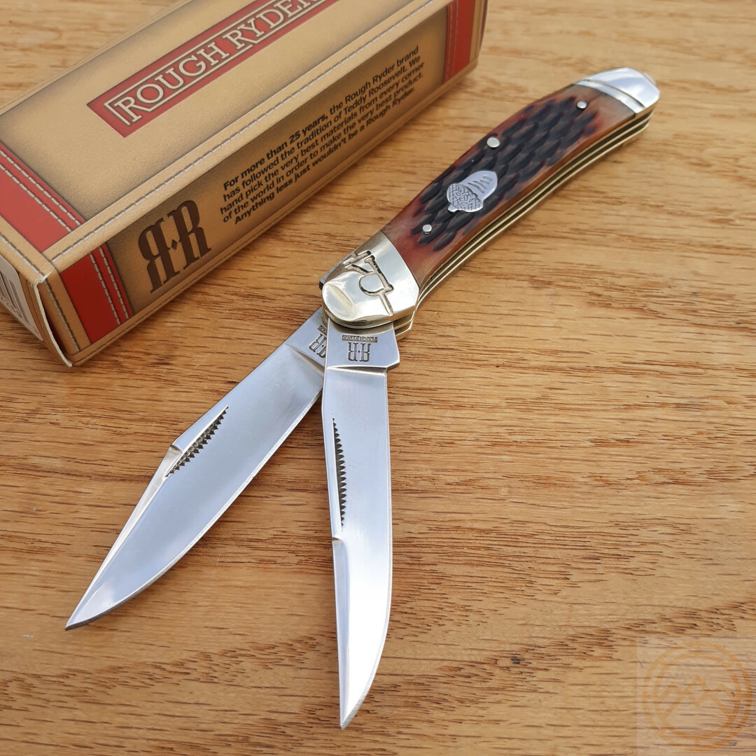 Rough Ryder Copperhead Pocket Knife Stainless Steel Blades Jigged Bone Handle
