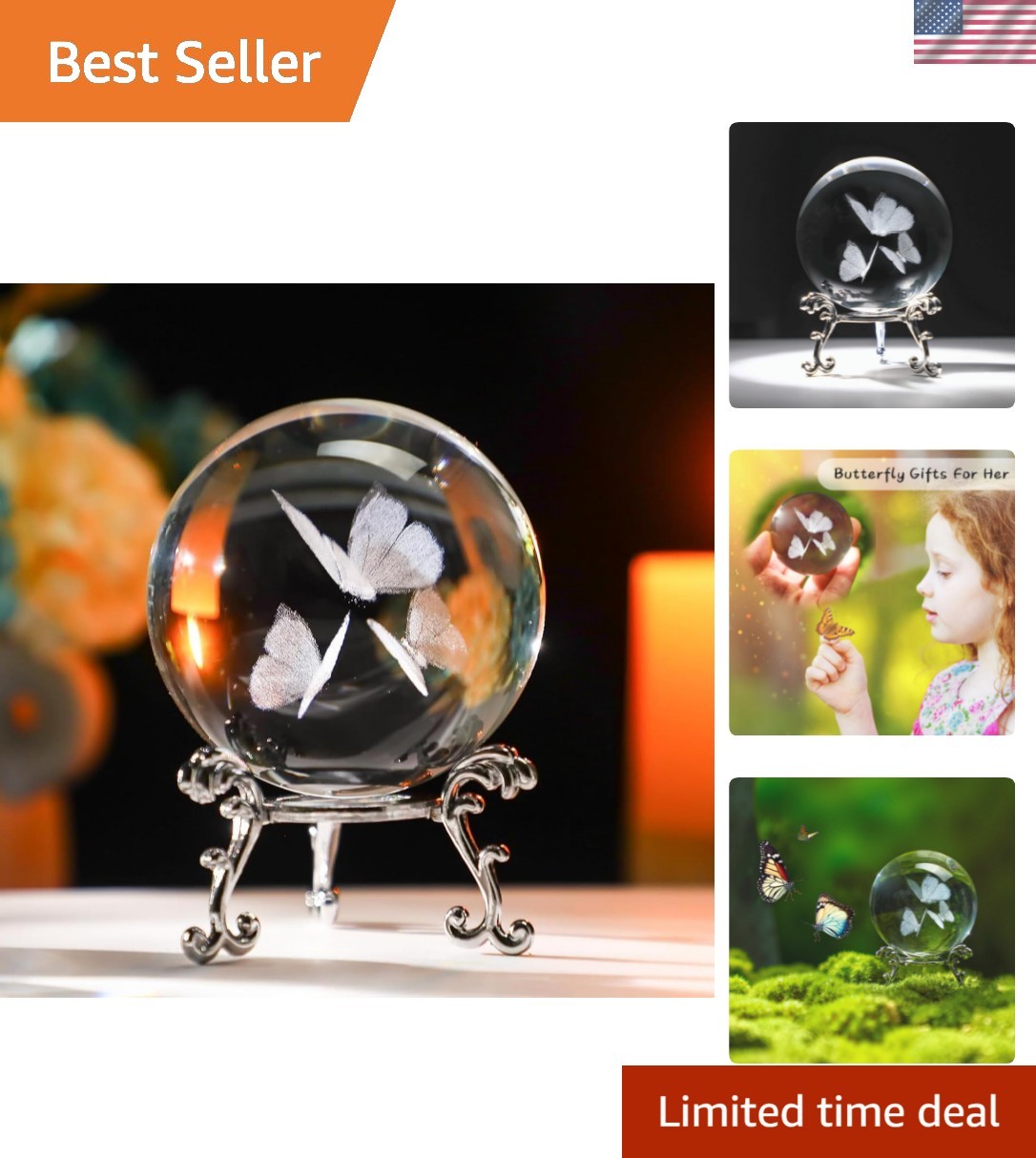 3D Laser Engraved Butterfly Crystal Ball Paperweight 2.36in60mm Glass Decorat...