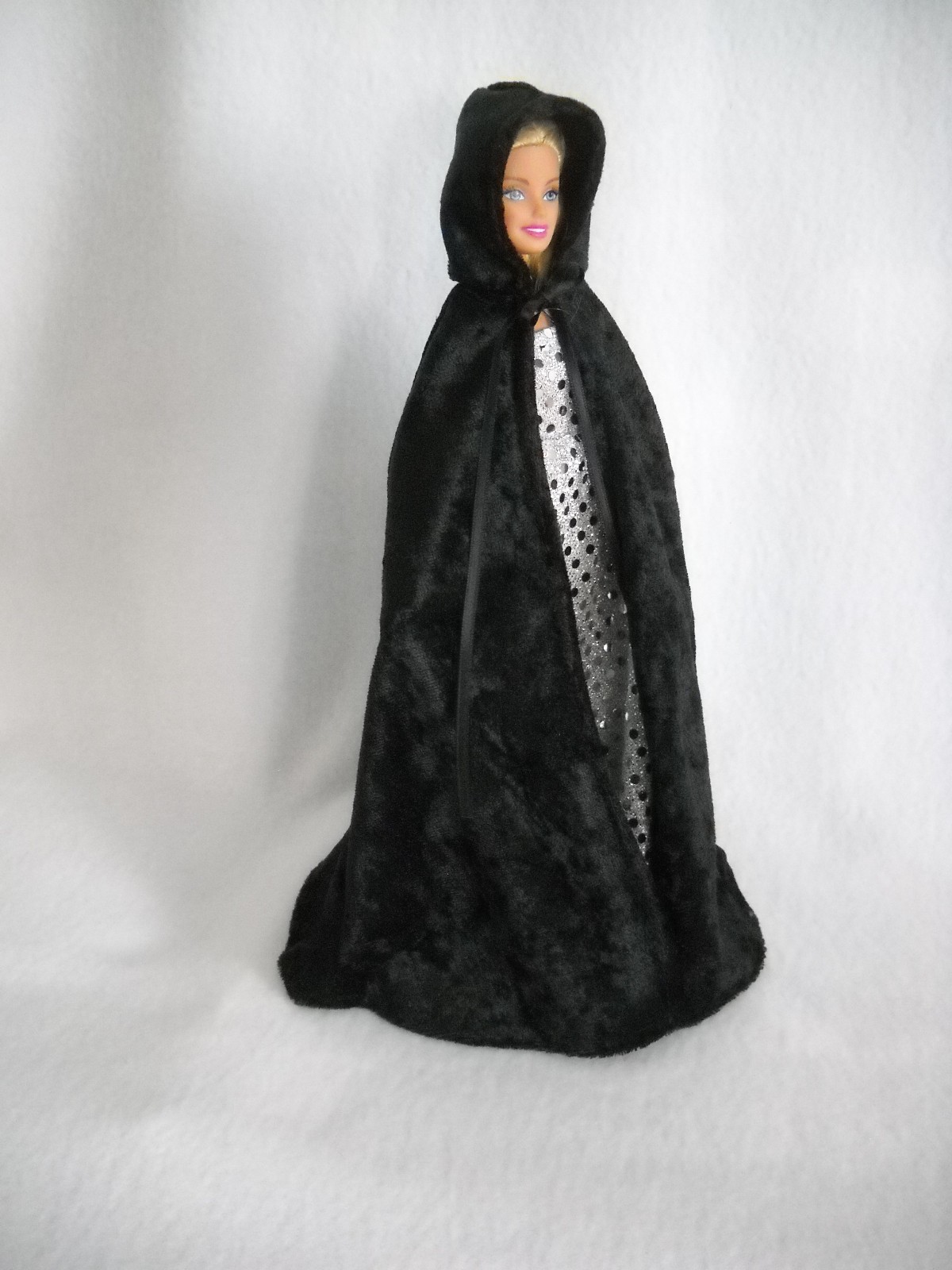 Black Cape with Hood Fits Barbie Handmade with Velvet Panne Black Cape with Hood Fits Barbie Handmade with Velvet Panne
