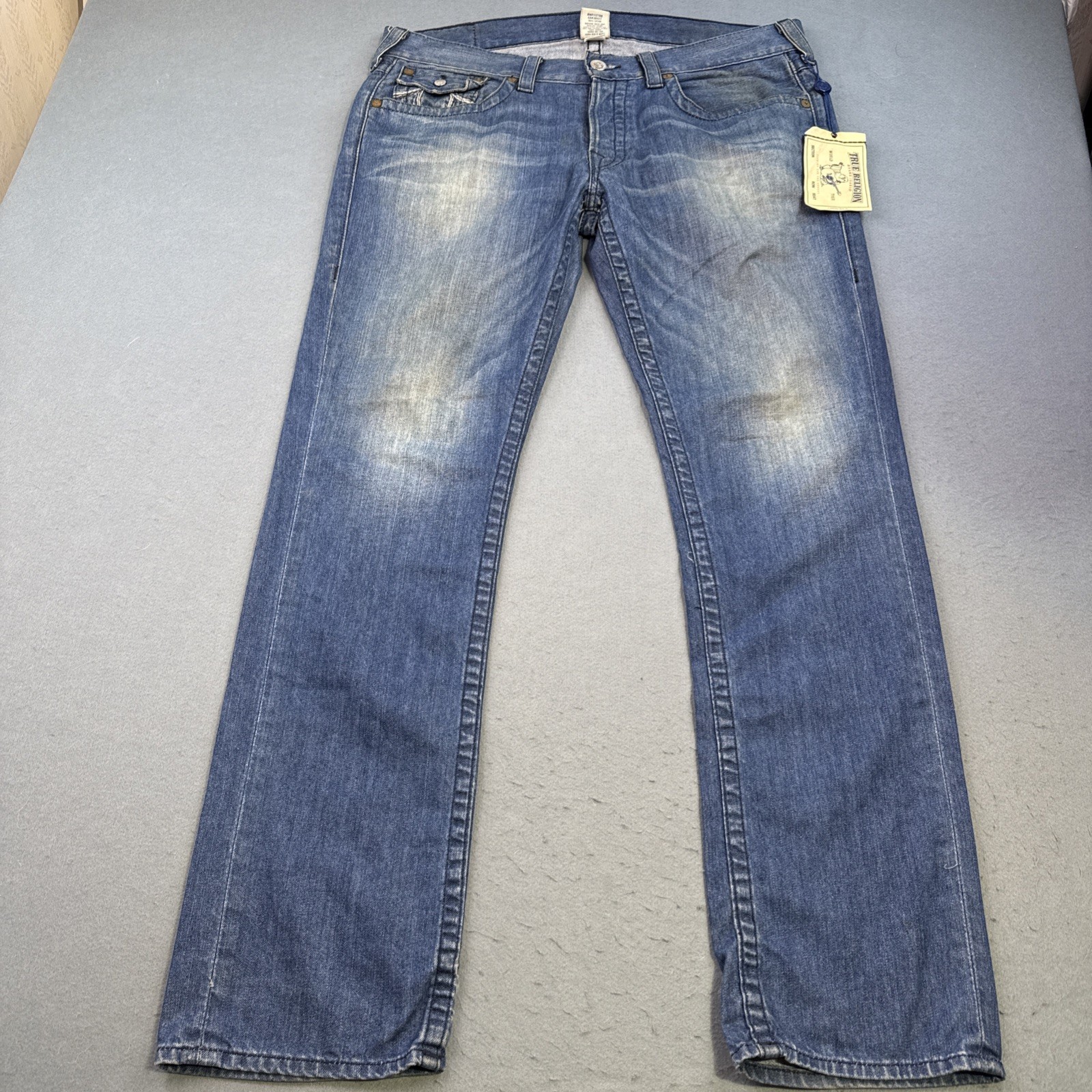 True Religion JEANS 36 Slim Fit Straight Blue Denim Flap Pockets Logo Button NWT