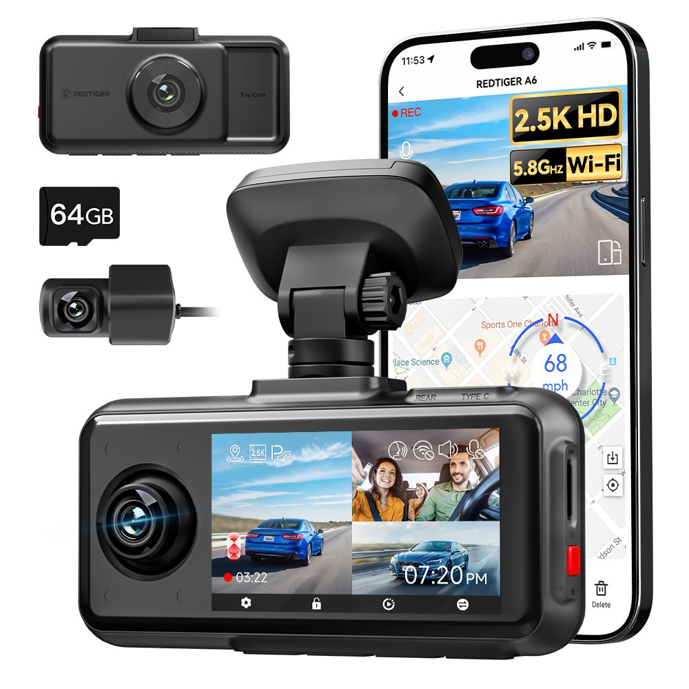 REDTIGER A6 Dash Cam 3 Channel Front Inside Rear 4K/2.5K+1080P+1080P