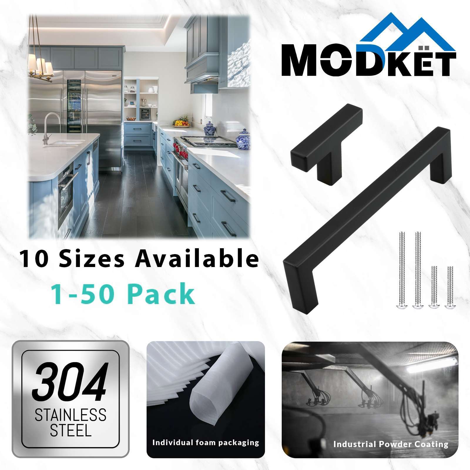 Matte Black Square Modern Kitchen Cabinet Handles Pulls Drawer Stainless Steel