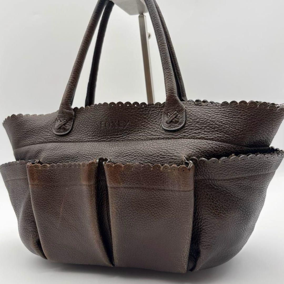 FOXEY Scalloped Leather Handbag Dark Brown Authentic