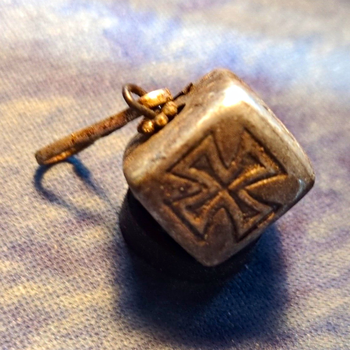 925 Silver Square Charm Pendant, Engraved Cross Religious Design, No Chain