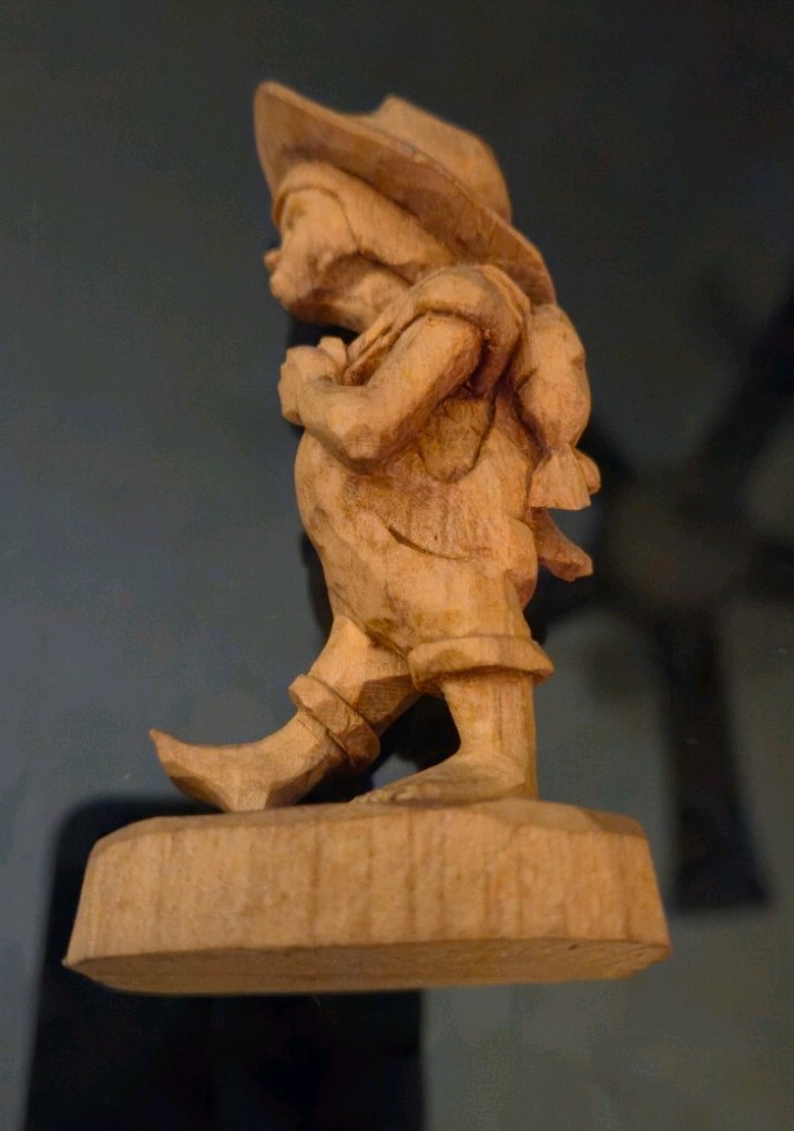 Hand Carved Wooden Folk Art Hiker – Signed Vicki Seales ’79 – Stringer of Fish