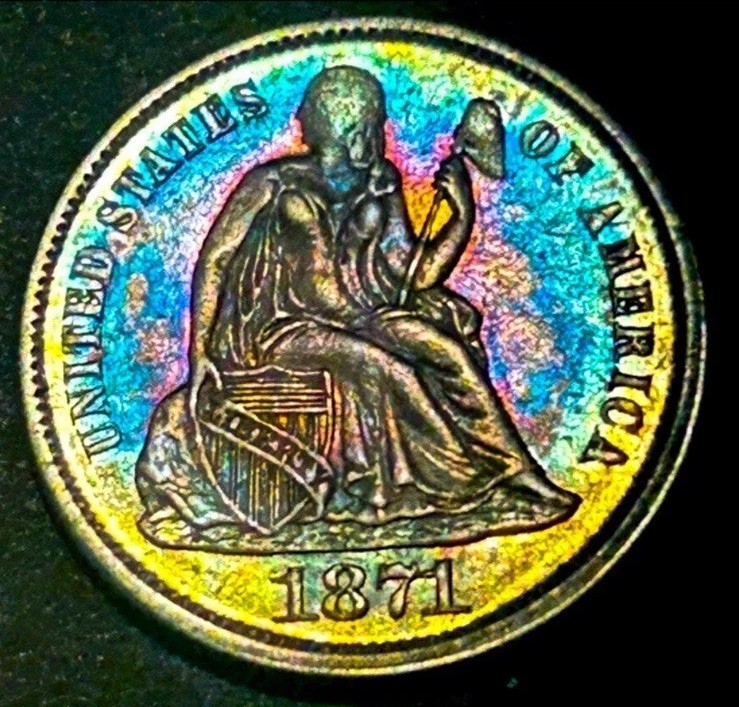 1871 Seated Liberty Silver Dime 10c Semi Key Date High Grade AU Rainbow Toned