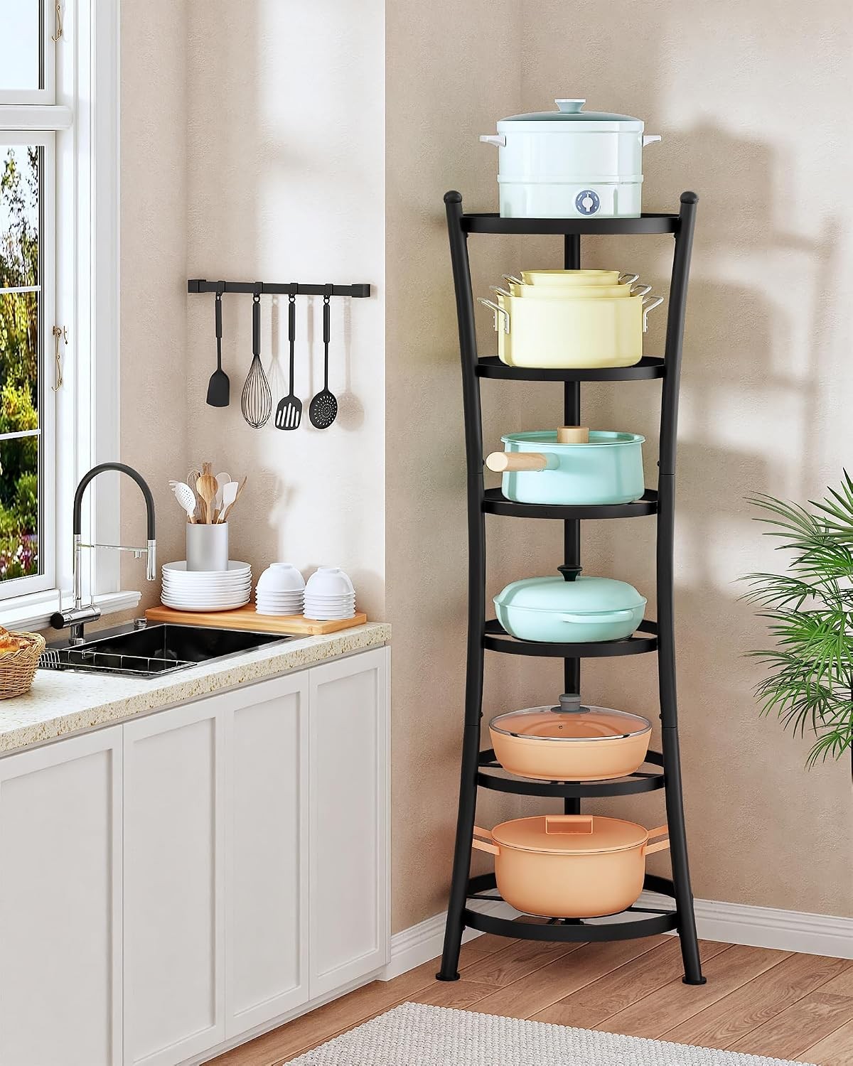 6-Tier Freestanding Pot Rack 100 Lbs Capacity Cookware Storage Stand Sturdy Pan