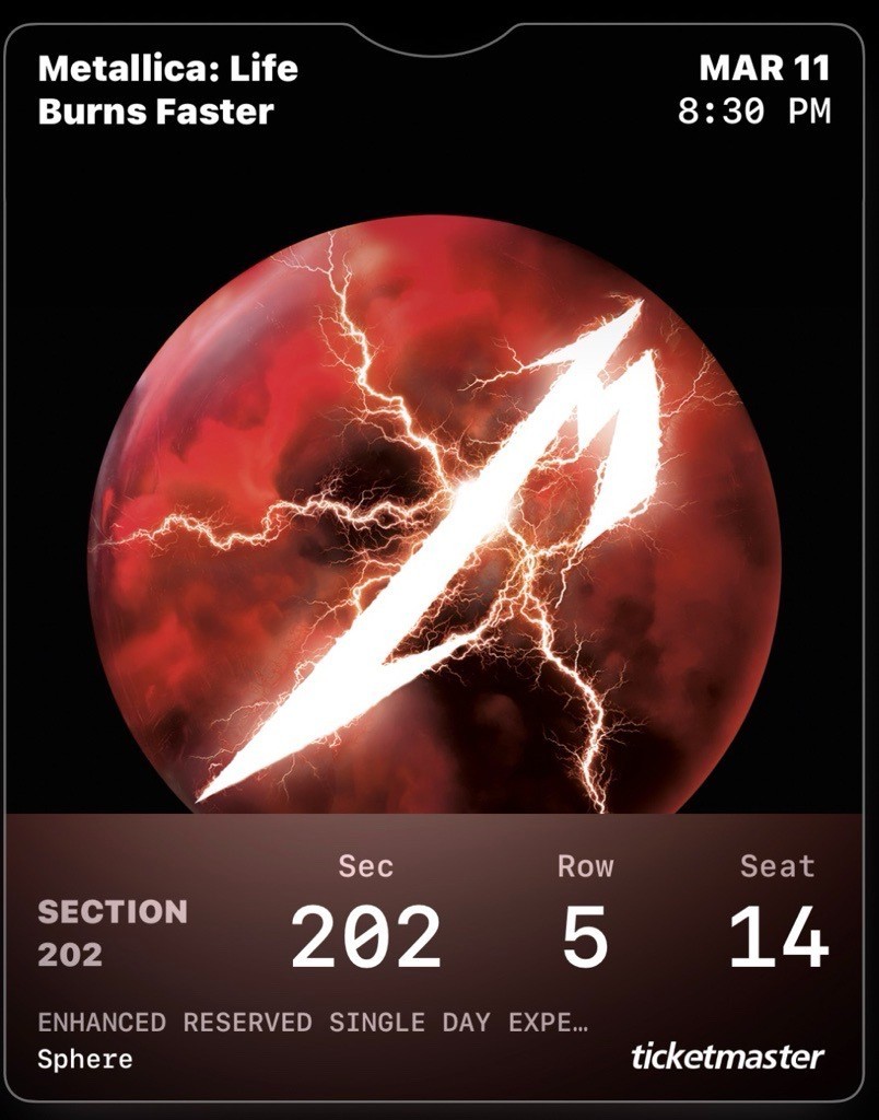 ⚡Metallica Sphere Las Vegas 3/11/27 – 2 Ticket Sec 202 Row 5 Seat 14 - 15⚡