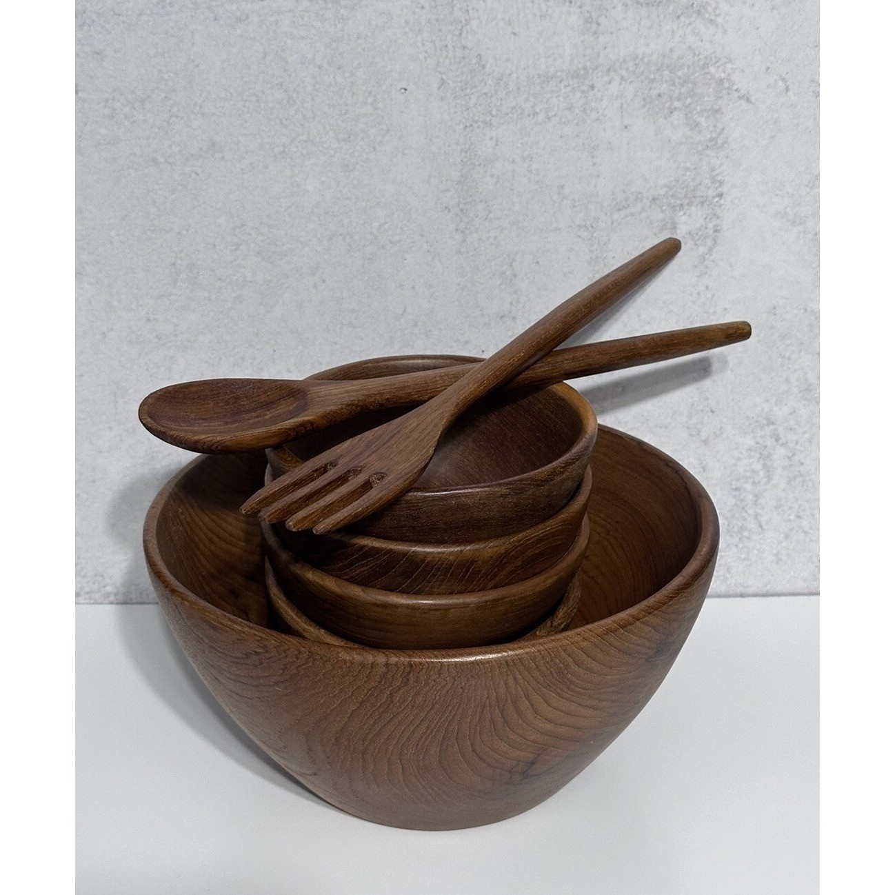 Vintage MCM Hand Crafted Teak Wood Salad Bowls Large Round 7 Piece Set Thailand