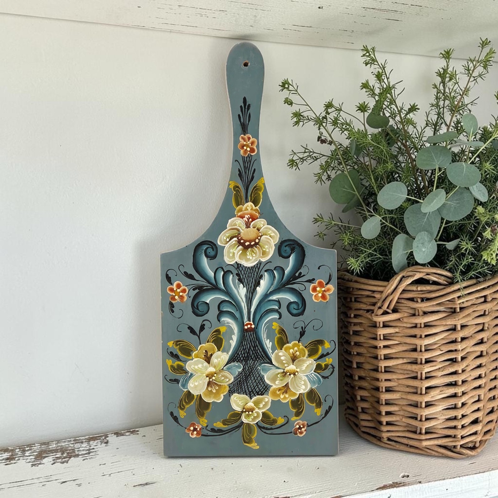 VTG Blue Hand Painted Rosemaling Wood Bread Cutting Board Farmhouse Folk Art 14