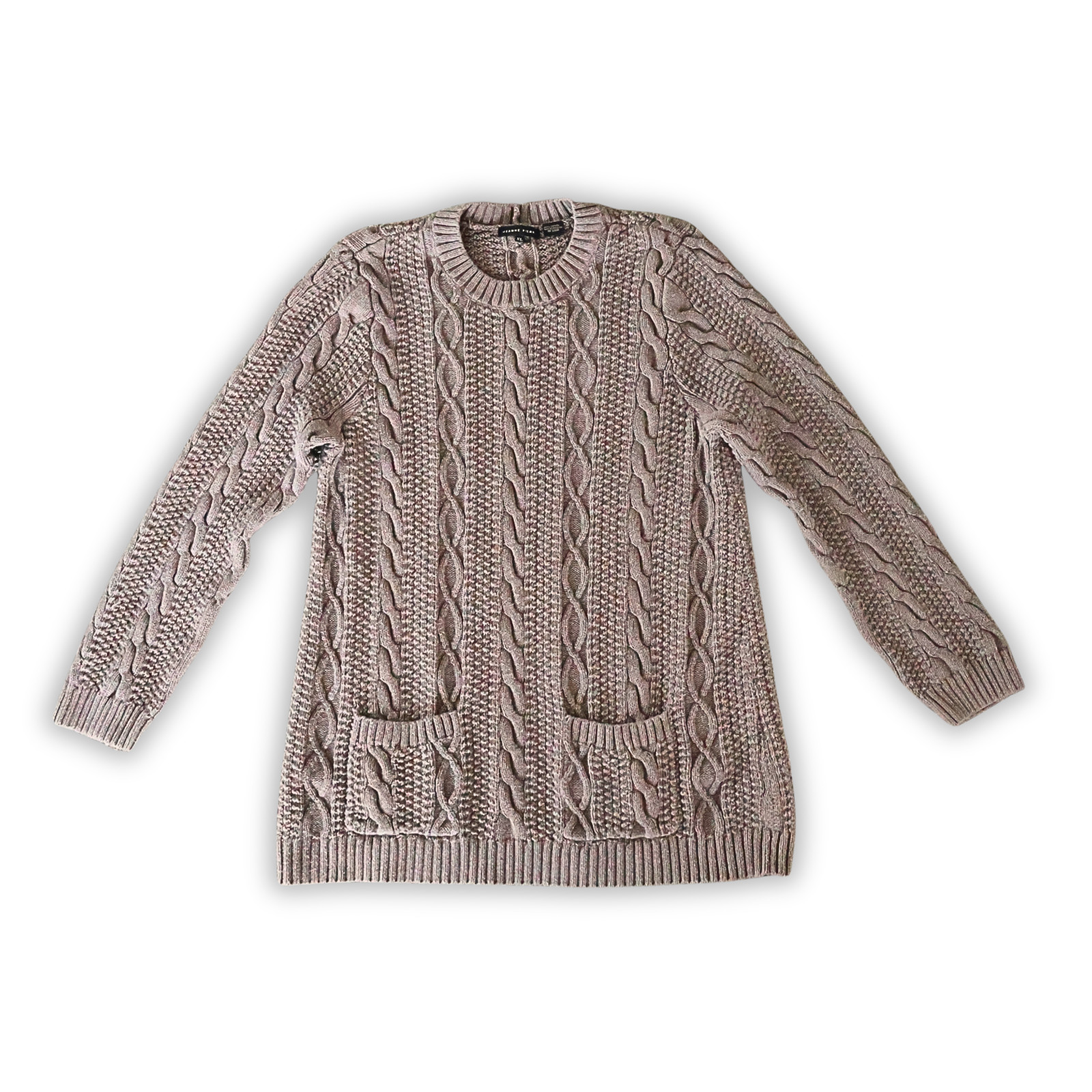Jeanne Pierre Womens XL Cable Knit Sweater Tunic 100% Cotton Brown Pockets