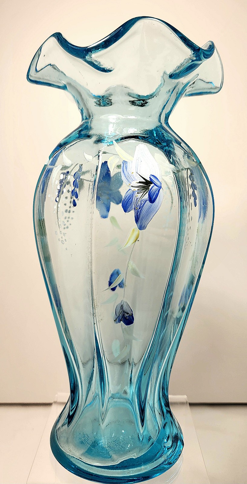 Vintage Fenton Pre-1970 Aqua Blue Hand-Painted Floral Art Glass Vase Ruffle 9\