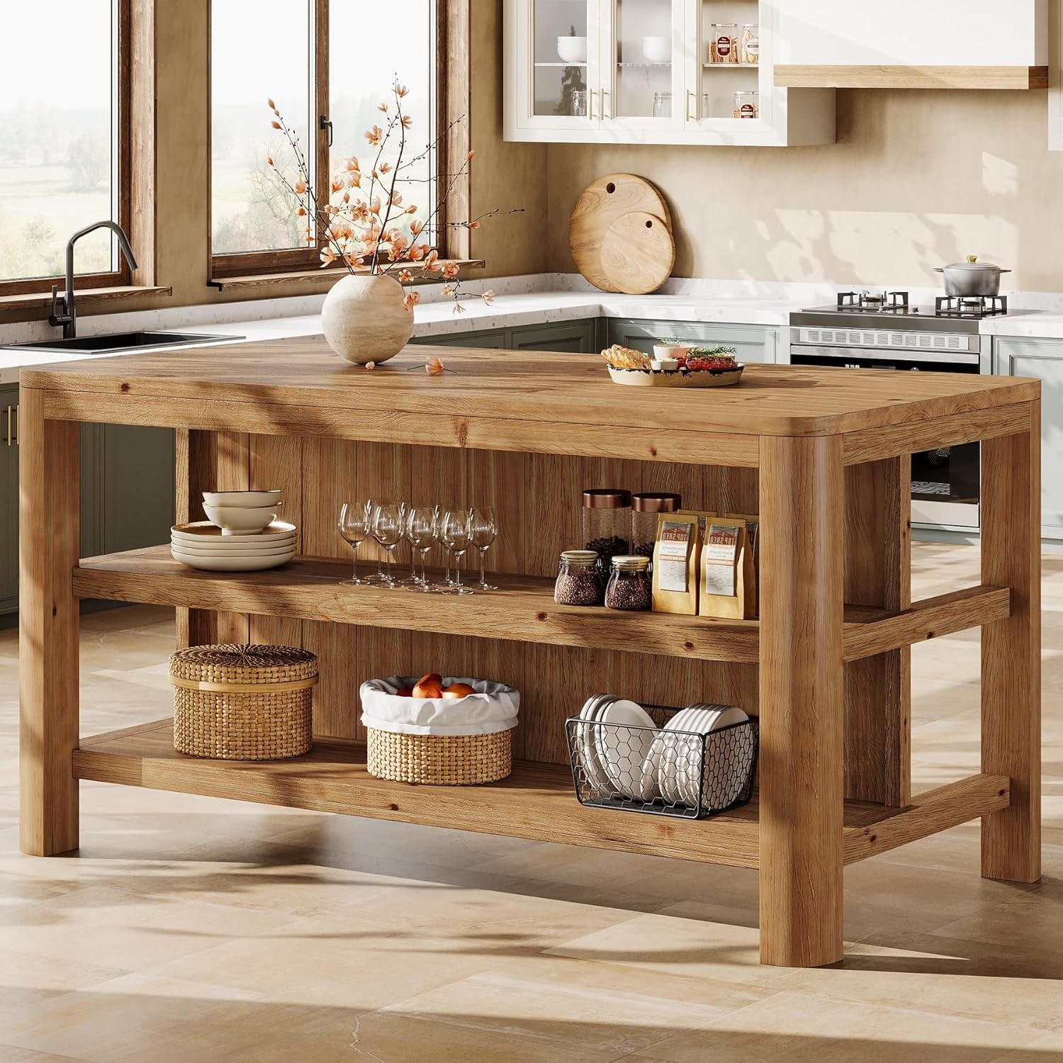 63-Inch Farmhouse Solid Wood Kitchen Island with Storage Shelves for Dining Room 63-Inch Farmhouse Solid Wood Kitchen Island with Storage Shelves for Dining Room