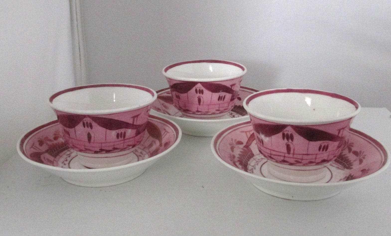 1820\'s Sunderland Pink Lustre 3 Sets Handleless Cups & Saucers House Pattern A+