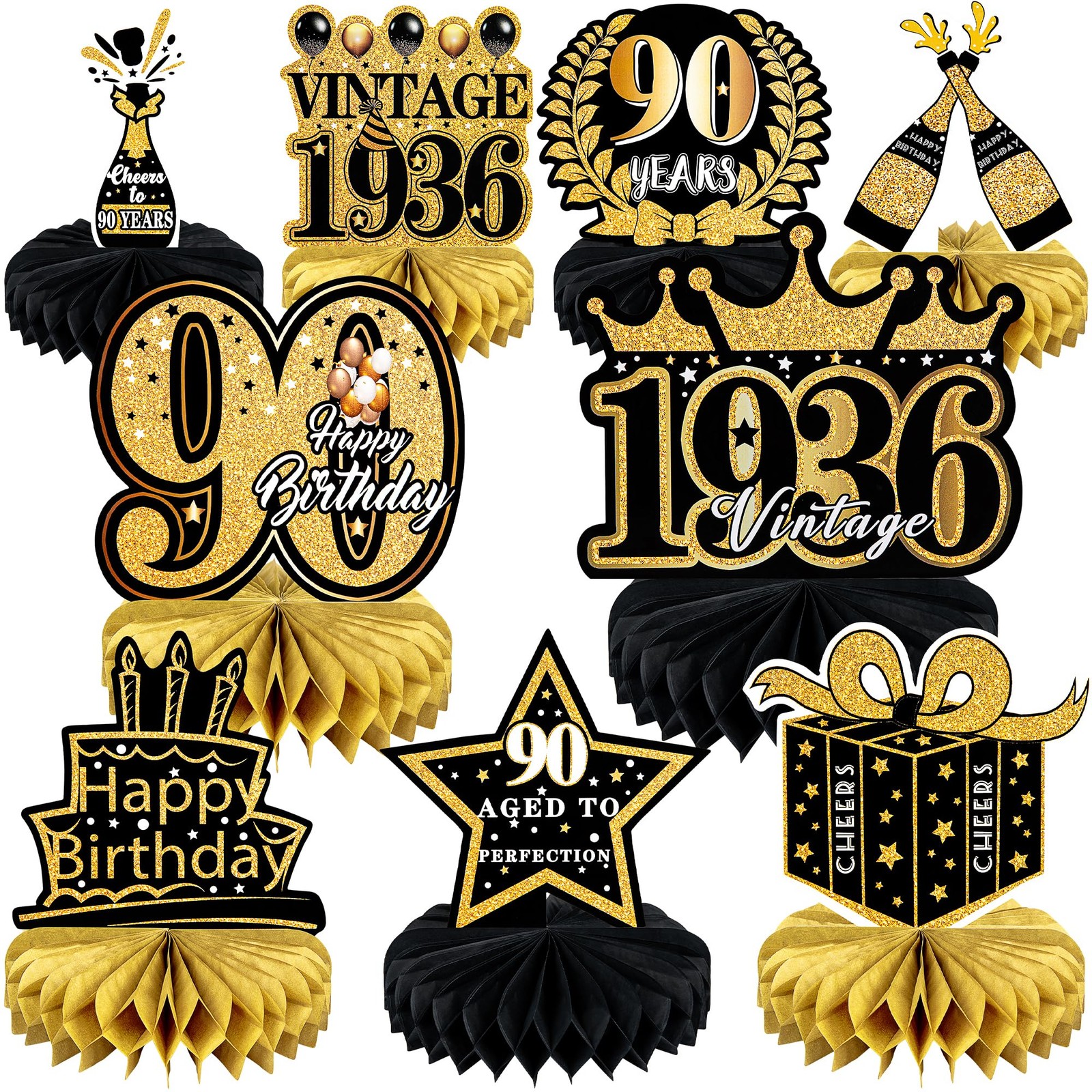 9 Pcs 90th Birthday Decoration for Women 1936 Table Honeycomb Decor