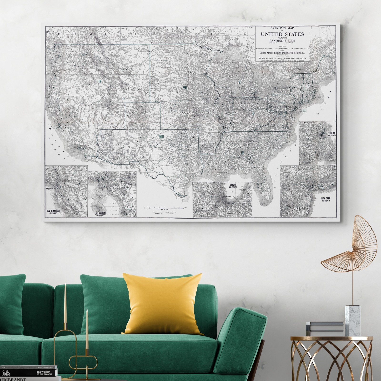 1923 Aviation Map of US – Early Aeronautical Chart, Air Routes & Landing Fields