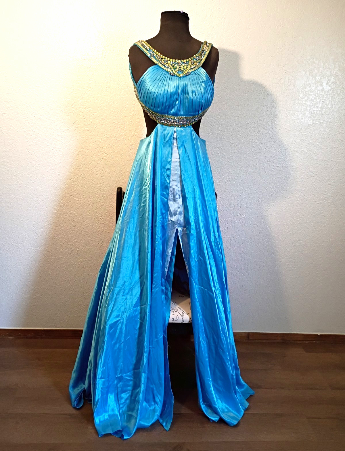 Sherri Hill Blue Satin Beaded Long Gown Slit Scoop Neck Size 4 with flaws Sherri Hill Blue Satin Beaded Long Gown Slit Scoop Neck Size 4 with flaws